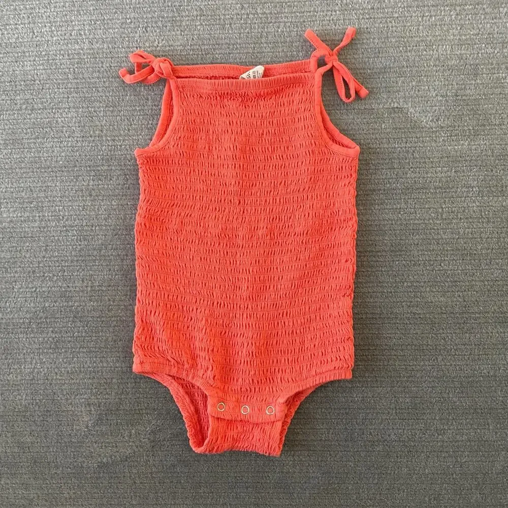 Kate Quinn‎ Smocked One Piece Tank Top 18-24Month Coral Orange Tie Sleeve Bamboo